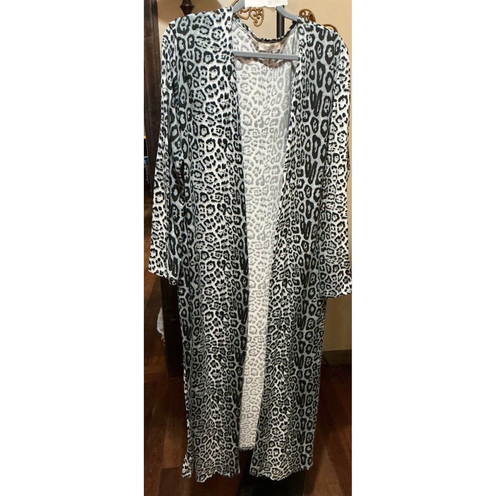 Umgee USA Leopard Print Open Front Duster Cardigan Grey Black 1XL Longline